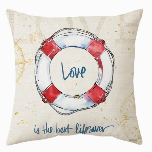 NEW NAUTICAL COASTAL BEACH DECOR LOVE IS THE BEST LIFESAVER LINEN PILLOW COVER - Picture 1 of 4